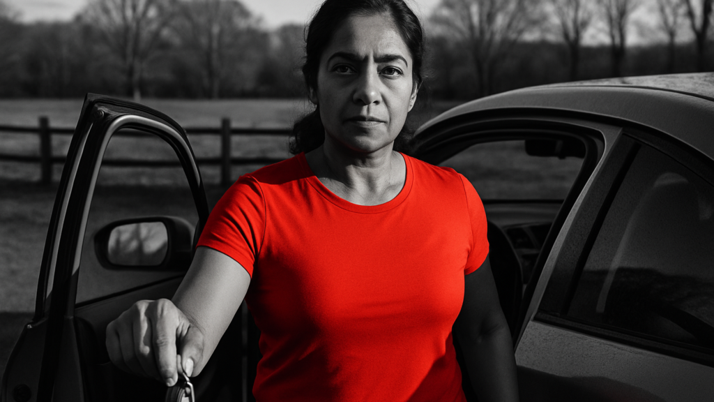 Woman in her fifties standing calmly beside her open car door in a driveway at dusk. (AI-generated image)