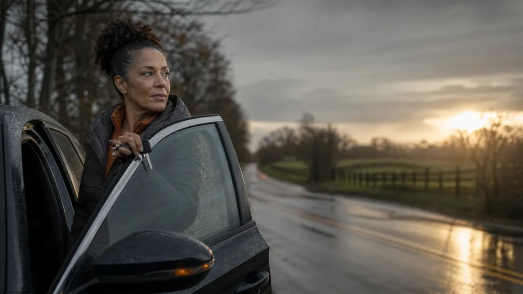 Car accident neck pain NJ: woman beside her car on a rural road at dusk turning her head to look behind her. (AI-generated image)