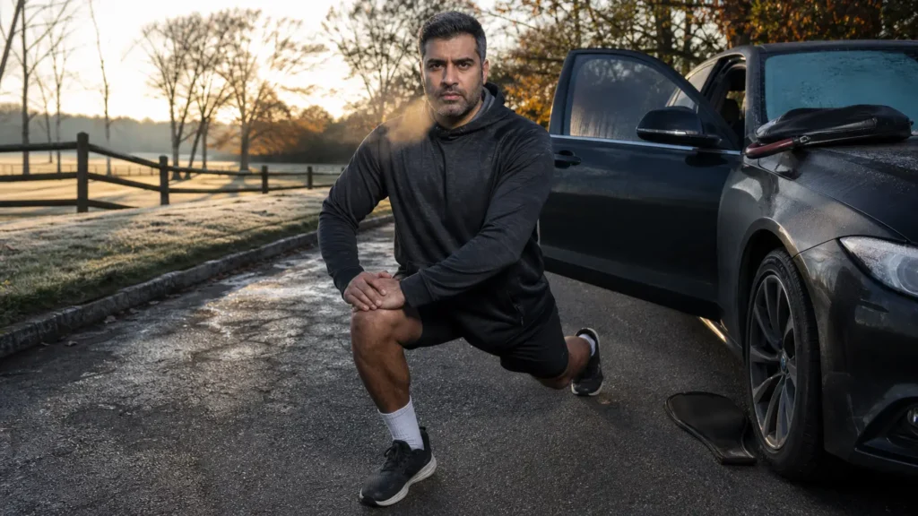 Man in his forties doing a deep walking lunge in a frosty driveway beside an open car door. (AI-generated image) Man in his forties doing a deep walking lunge in a frosty driveway beside an open car door. (AI-generated image)