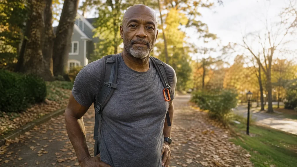 A man in his sixties pauses after a brisk uphill walk on an autumn sidewalk. (AI-generated image)